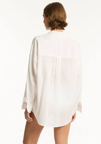 Sunset Beach Shirt White by Sea Level, showcasing a stylish back view with roll up sleeves and 100% cotton fabric.