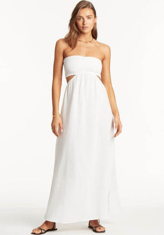 Sunset Bandeau Dress White by Sea Level, featuring a breathable cheesecloth design and shirred bust, perfect for beachwear.