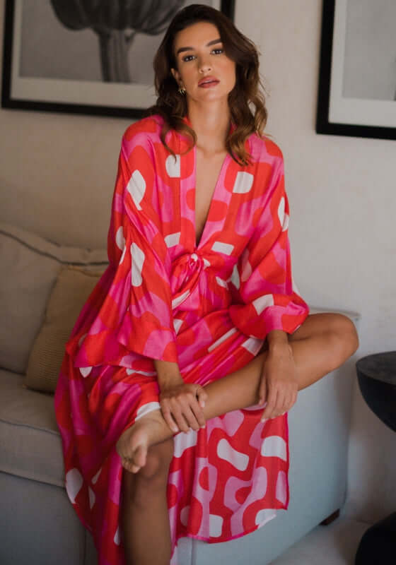 Janis Dress Lima by Sundress featuring kimono sleeves, plunging V neckline, and integrated belt in exclusive print.