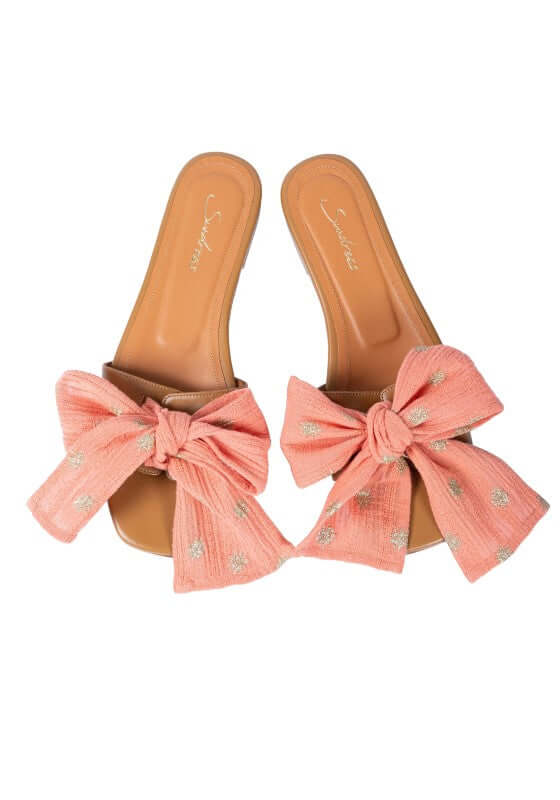 Amour Sandals Terracotta by Sundress, featuring terracotta leather sandals with large bow details.