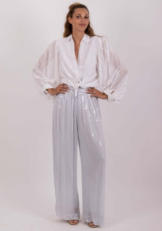 Janis Trousers Palermo by Sundress featuring sequin detailing and light blue color, perfect for stylish outfits.