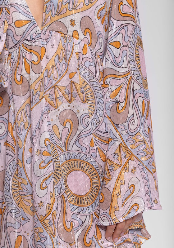 Maud Dress Havana Milkshake by Sundress, featuring psychedelic print with shiny threads and flared sleeves.