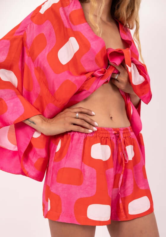Mika Set Lima by Sundress featuring a vibrant kimono and matching shorts in exclusive Sundress print.