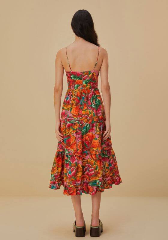 Beaded Spring Maxi Dress by Farm Rio, vibrant floral print with tiered skirt and ruffled hem, seen from the back.