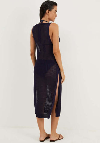 Hanna Long Cover Up Sailboat by Vix shown from the back, featuring a relaxed fit with side slits and boat neckline.