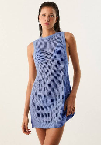 Erika Knit Cover Up Seaspell by Vix Swimwear, model wearing light blue knit cover-up dress.