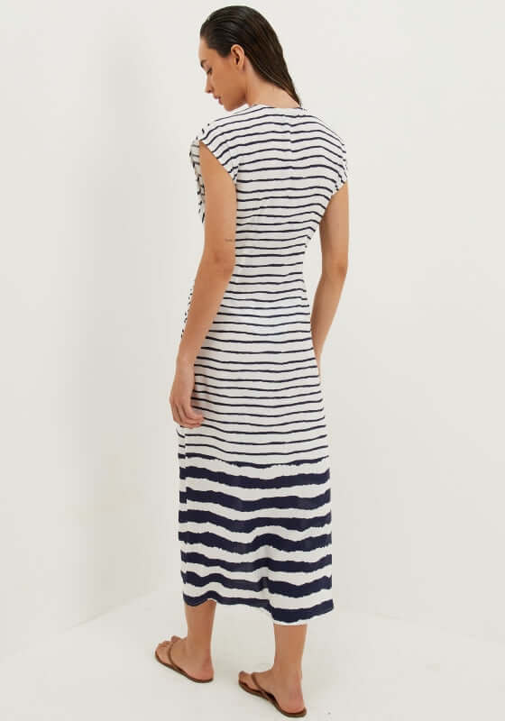 Symphonie Sasha Long Cover Up by Vix, showing the back view of black and white striped beach cover up.