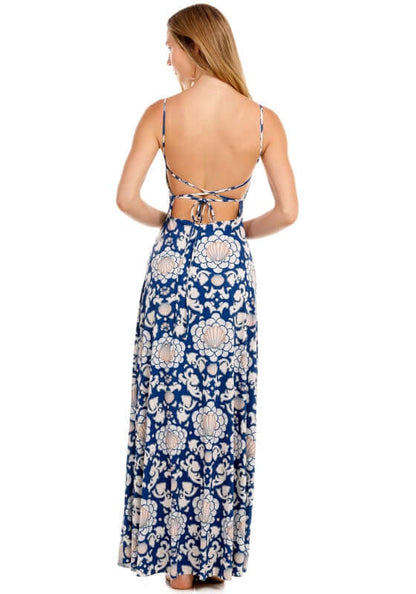 Arista Sereia Dress by Agua Bendita displays a chic low open back with tie details and a floral print.