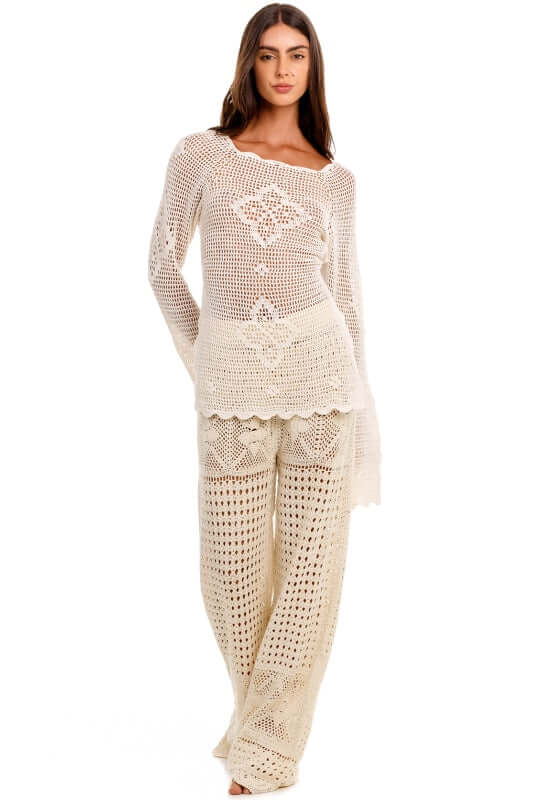 Boh Quilt Beach Top by Agua Bendita, featuring crochet fabric, long bell sleeves, scalloped trim, and open back.