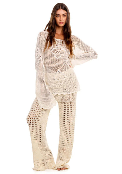 Wesley Quilt Beach Trousers by Agua Bendita, featuring breathable crochet fabric and relaxed silhouette, styled with Boh Top.