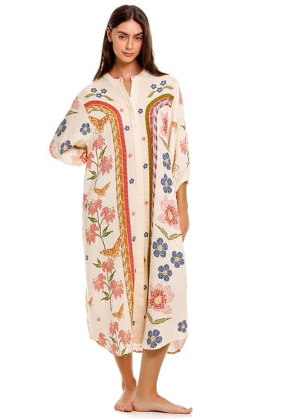 Clavelina Fiore Beach Tunic by Agua Bendita, model wearing a floral maxi cover-up, perfect for summer beach days.