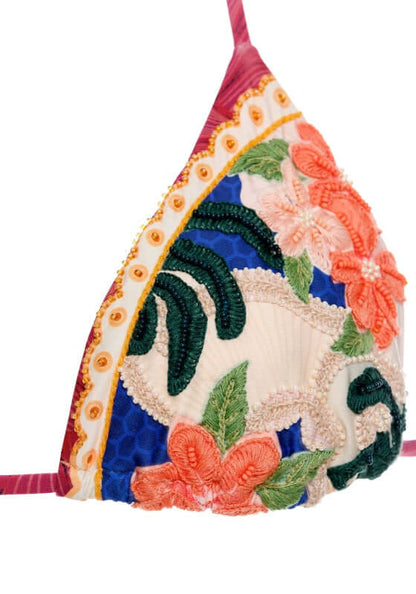 Lolita Triangle Bikini Thamar by Agua Bendita. Close-up of intricate beading and floral embroidery on bikini top.