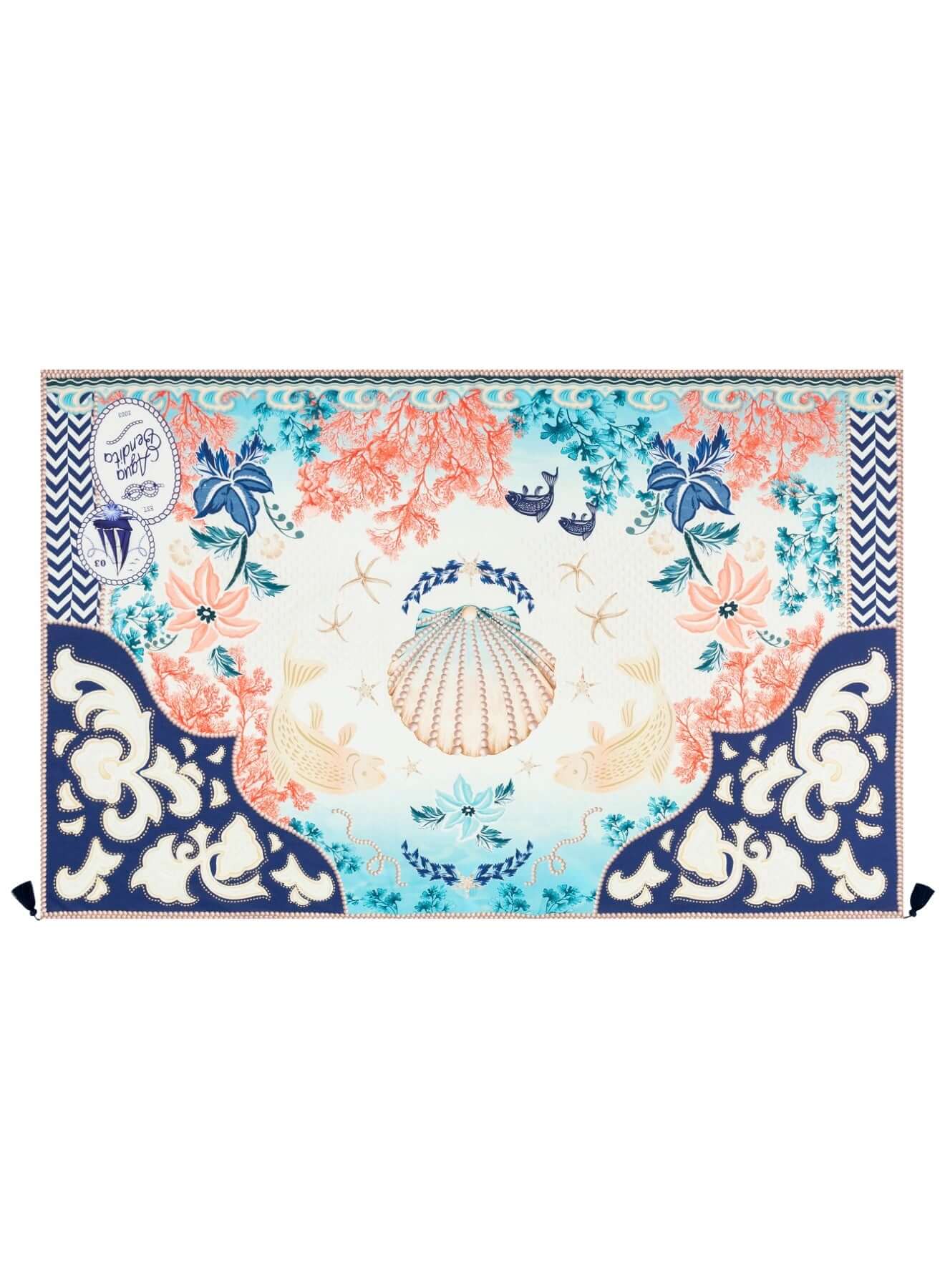 Marine Sereia Sarong by Agua Bendita features coral reefs, seashells, and koi fish with handmade tassels.
