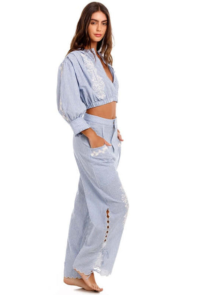 Oprah Batik Beach Trousers by Agua Bendita, featuring a wide-leg silhouette and intricate embroidered patterns.