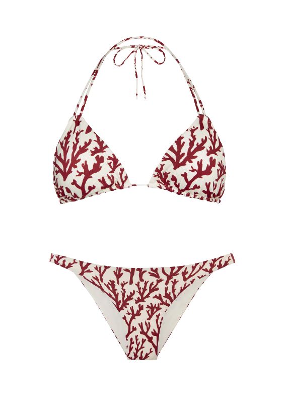 Eva Triangle Bikini Deep Coral by Alicia Swim featuring a deep coral and white coral pattern, halter neck tie.