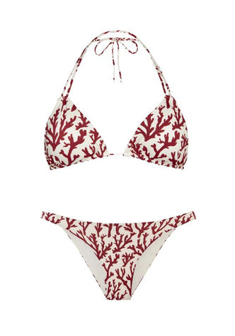 Eva Triangle Bikini Deep Coral by Alicia Swim featuring a deep coral and white coral pattern, halter neck tie.