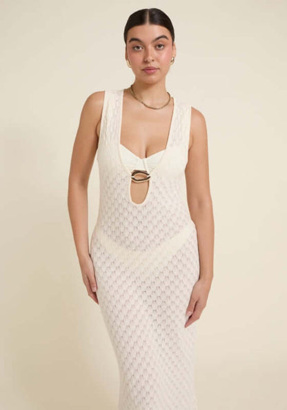 Dominica Dress Ivory by Away That Day, showcasing intricate crochet texture and a front keyhole cutout.