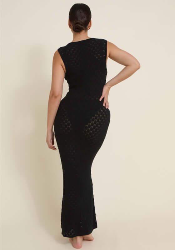 Dominica Dress Black by Away That Day, showcasing back view and crochet detailing of a stunning black maxi dress.