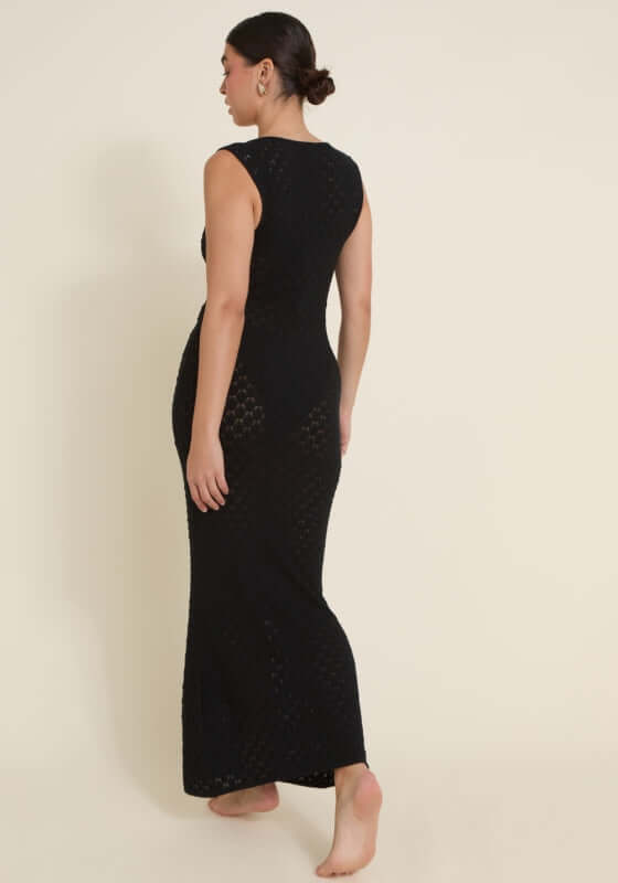 Dominica Dress Black by Away That Day, back view showcasing crochet detailing and elegant fit.