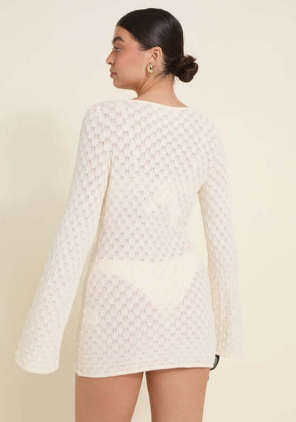 Havana Dress Ivory by Away That Day, featuring a back view, bell sleeves, and a textured design.