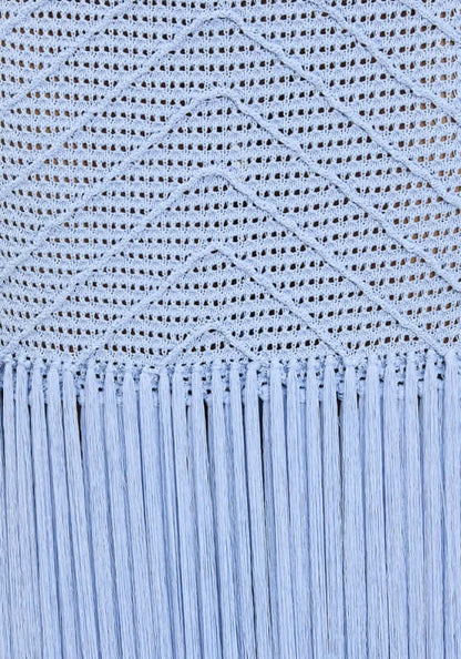 Leiza Dress Skylar by Devon Windsor, fine knit fabric with delicate ladder details and flowing long fringe.