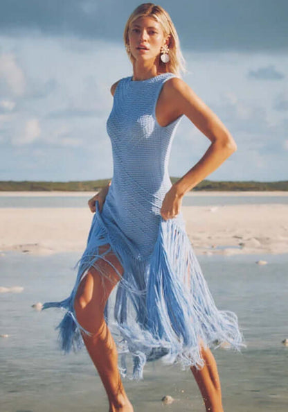 Leiza Dress Skylar by Devon Windsor, light blue knit dress with fringe skirt, perfect for beach elegance.