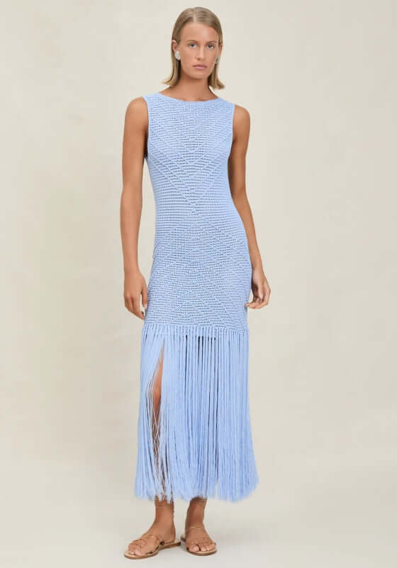 Leiza Dress Skylar by Devon Windsor, light blue knit dress with fringe, high-neck design and ladder details.