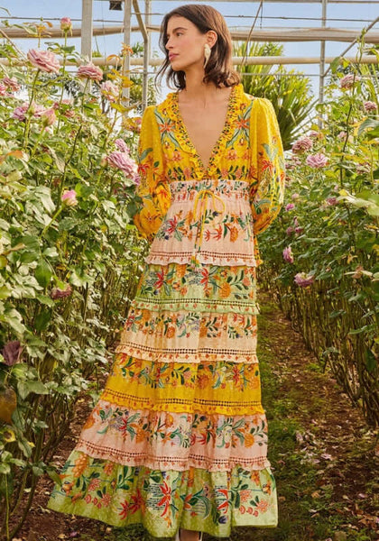 long sleeve yellow maxi dress Farm Rio | Delicate Flowers Stripes Maxi Dress –