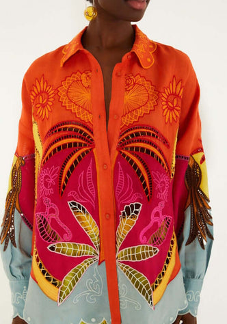 Usiacuri Embroidered Richelieu Shirt by Farm Rio, vibrant button-down shirt with colorful tropical embroidery.