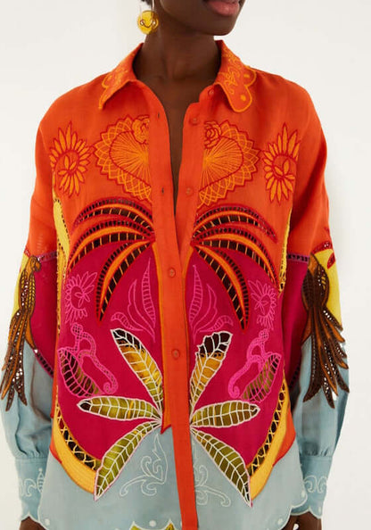 Usiacuri Embroidered Richelieu Shirt by Farm Rio, vibrant button-down shirt with colorful tropical embroidery.