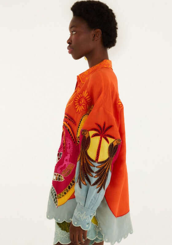 Usiacuri Embroidered Richelieu Shirt by Farm Rio featuring vibrant embroidery and a detailed side view of the beach shirt.