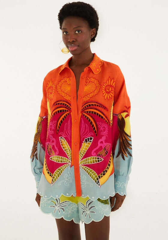Usiacuri Embroidered Richelieu Shirt by Farm Rio showcasing vibrant multicoloured embroidery on a beach shirt