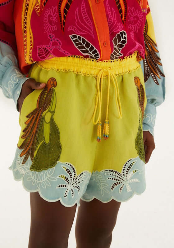 Usiacuri Embroidered Richelieu Shorts by Farm Rio featuring tropical embroidery and a scalloped hem for beachwear.