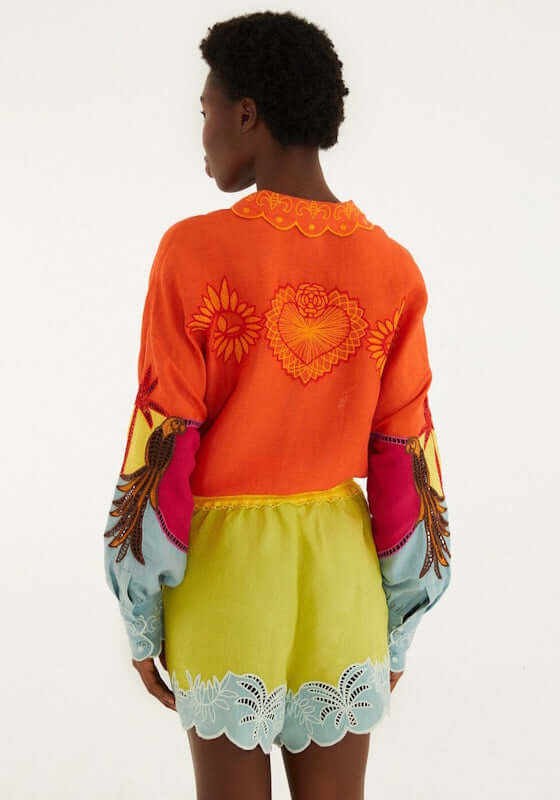 Usiacuri Embroidered Richelieu Shorts by Farm Rio, featuring vibrant colors and intricate embroidery, styled with a bright top.