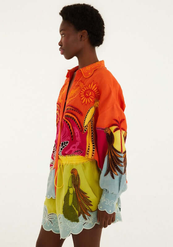 Usiacuri Embroidered Richelieu Shorts by Farm Rio, showcasing vibrant tropical embroidery and a colorful design.