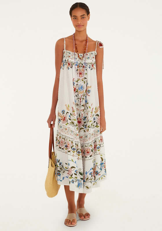 Stitched Garden Off White Long Dress by Farm Rio model wearing a flowy dress with floral patterns, relaxed fit, and adjustable tie straps.