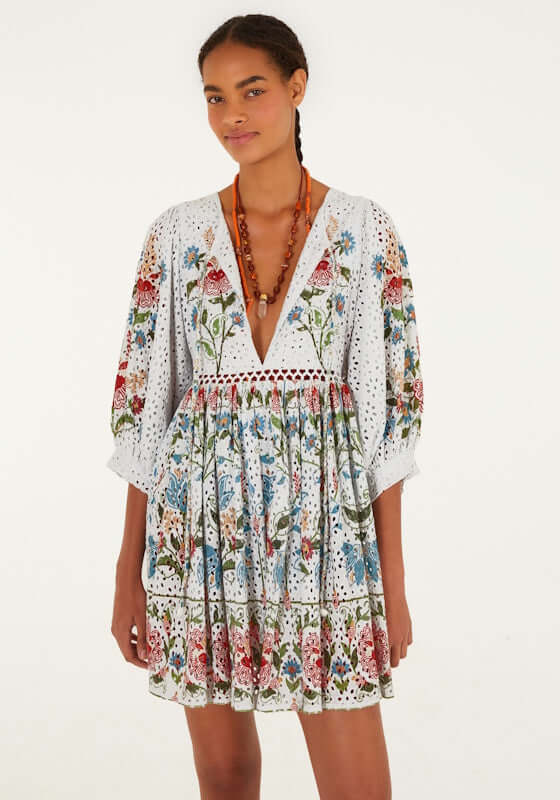 Stitched Garden Off White Mini Dress by Farm Rio features a V-neckline and balloon sleeves with floral detailing.
