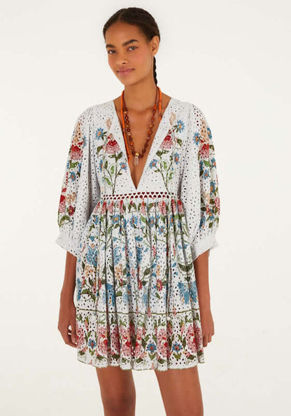 Stitched Garden Off White Mini Dress by Farm Rio features a V-neckline and balloon sleeves with floral detailing.