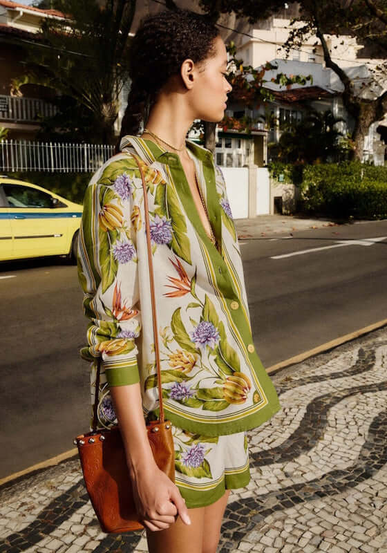 Tropical Scarf Shirt Sand by Farm Rio worn by a model, showcasing vibrant floral patterns and tropical vibes.