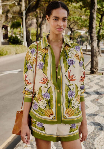 Tropical Scarf Shirt Sand by Farm Rio featuring vibrant tropical floral prints, perfect for warm weather and beachwear.