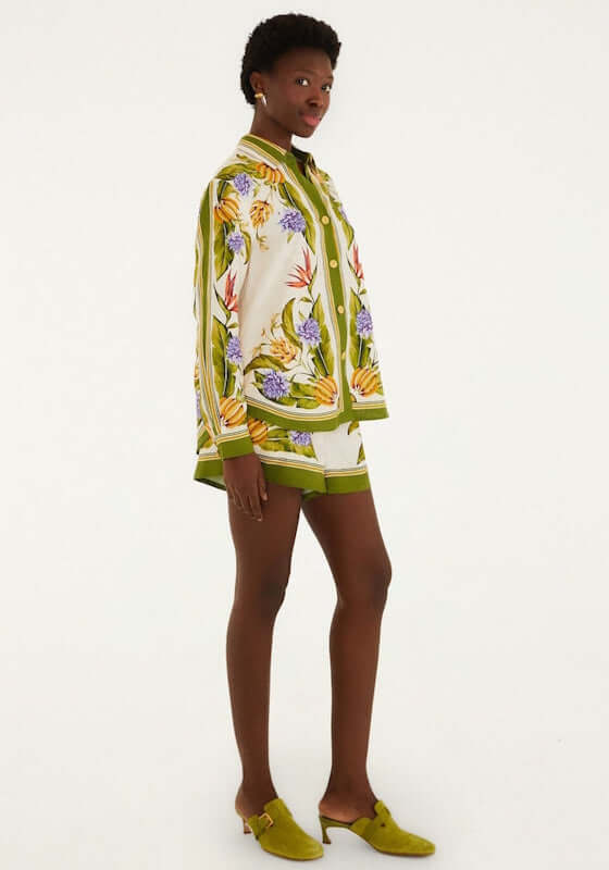 Tropical Scarf Shorts Sand by Farm Rio, model wearing colorful floral shorts and matching jacket, perfect for summer style.