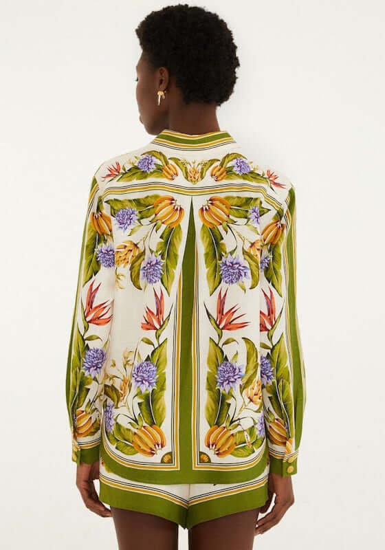 Tropical Scarf Shirt Sand by Farm Rio, back view showcasing vibrant floral prints and long sleeves for summer wear.