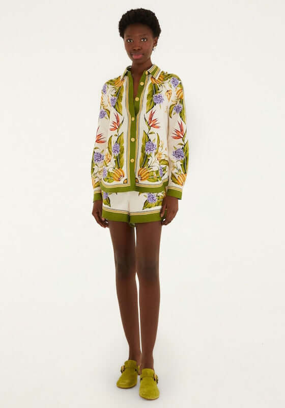 Tropical Scarf Shorts Sand by Farm Rio, model wearing lightweight shorts with vibrant floral print and matching jacket.