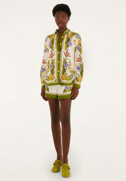 Tropical Scarf Shorts Sand by Farm Rio, model wearing lightweight shorts with vibrant floral print and matching jacket.