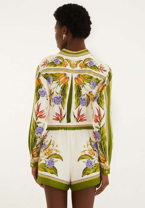 Tropical Scarf Shorts Sand by Farm Rio, showcasing vibrant floral print and lightweight fabric from the back.