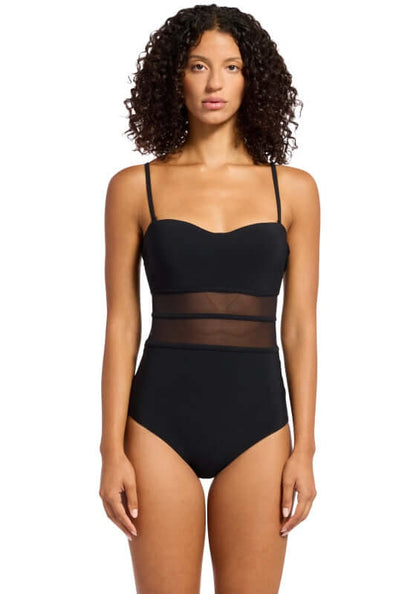 jets swimwear, black mesh bandeau designer swimsuit