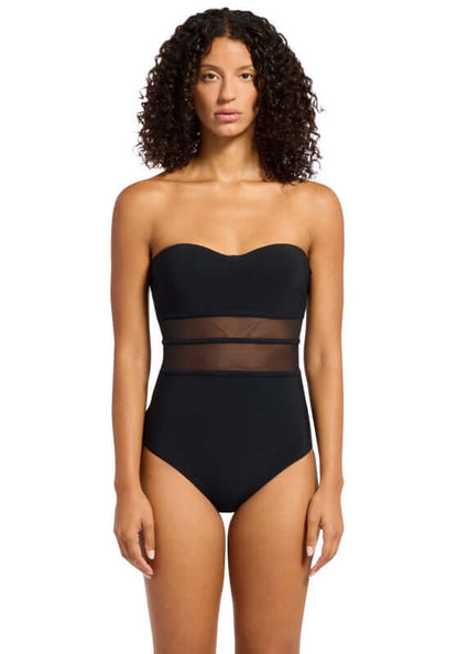 jets swimwear, black mesh bandeau designer swimsuit