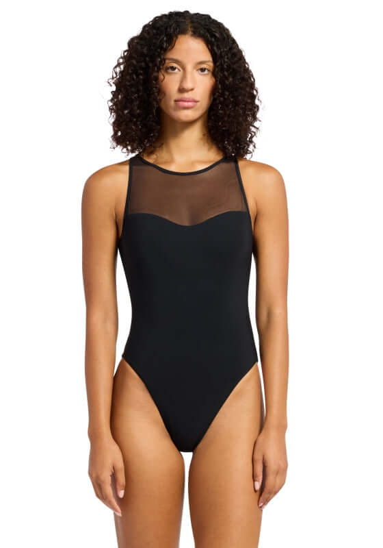 jets swimwear, black mesh high neck, backless swimsuit