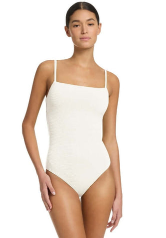 Isla Rib Ivory Minimal Tank Swimsuit by Jets, showcasing seamless design and smooth square neckline.