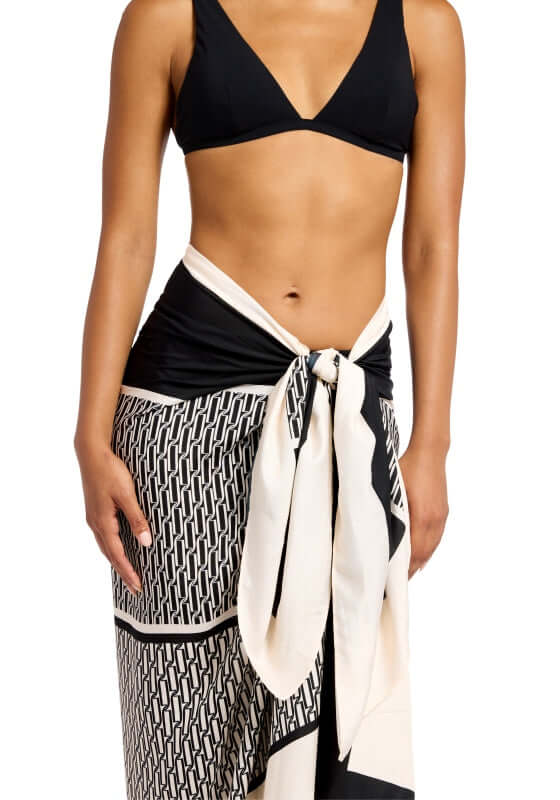 Black Spring Geo Long Sarong by Jets, beautiful long sarong with black and ivory geometric patterns, perfect for beachwear.